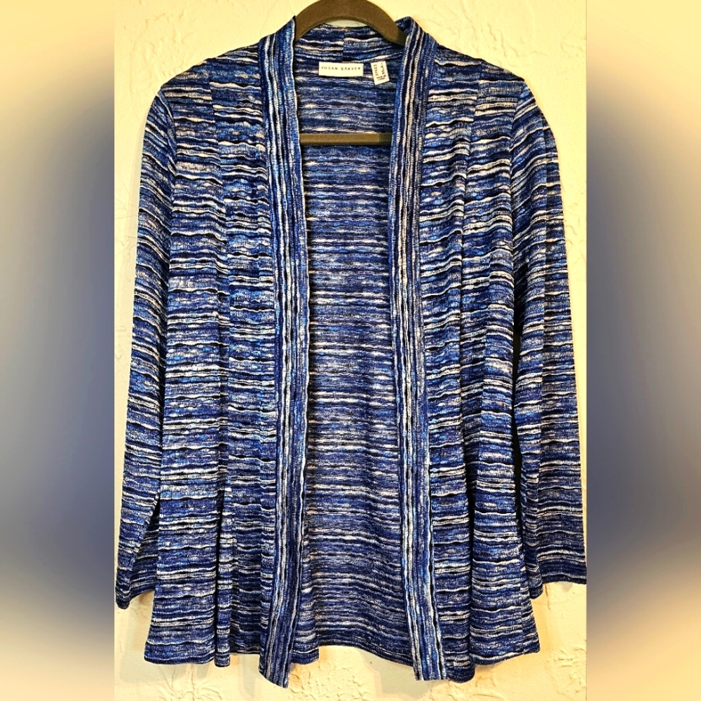 Susan Graver Space Dye Knit Women's Striped Cardigan Blue Large